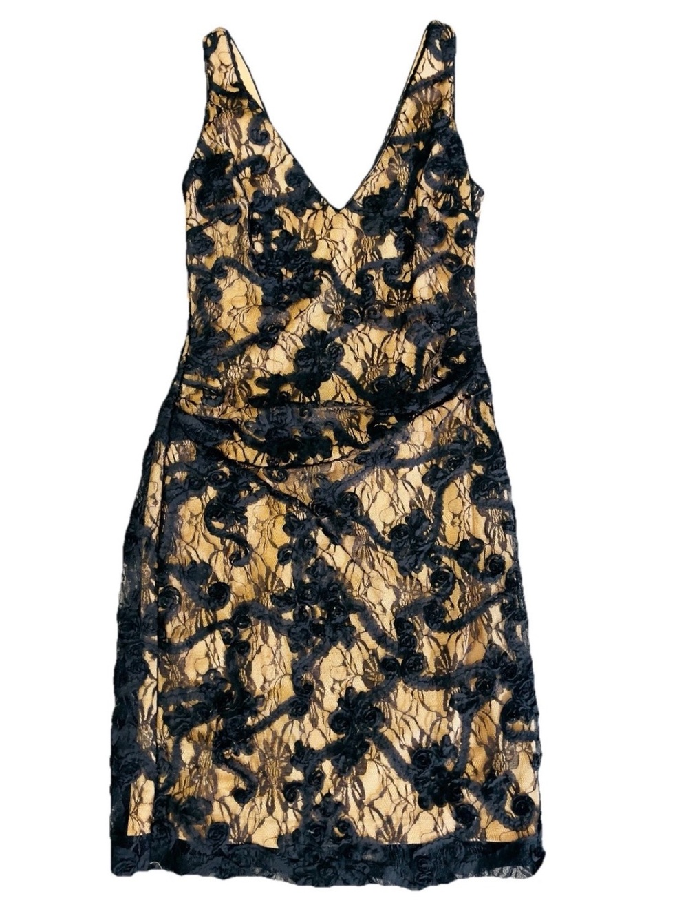 Nicole Miller Black Floral Lace Dress 6 Nude Sheath Cocktail Wedding Guest